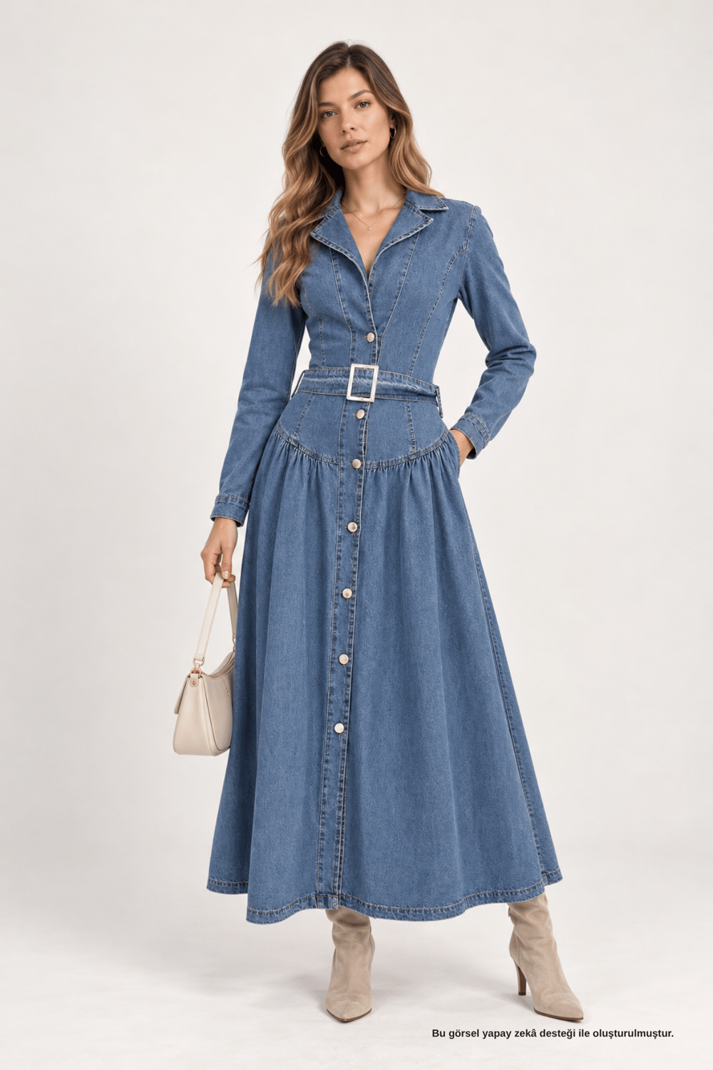 Mavi Belden Oturtmalı Düğmeli Denim Elbise - Elbise | Rhen Store