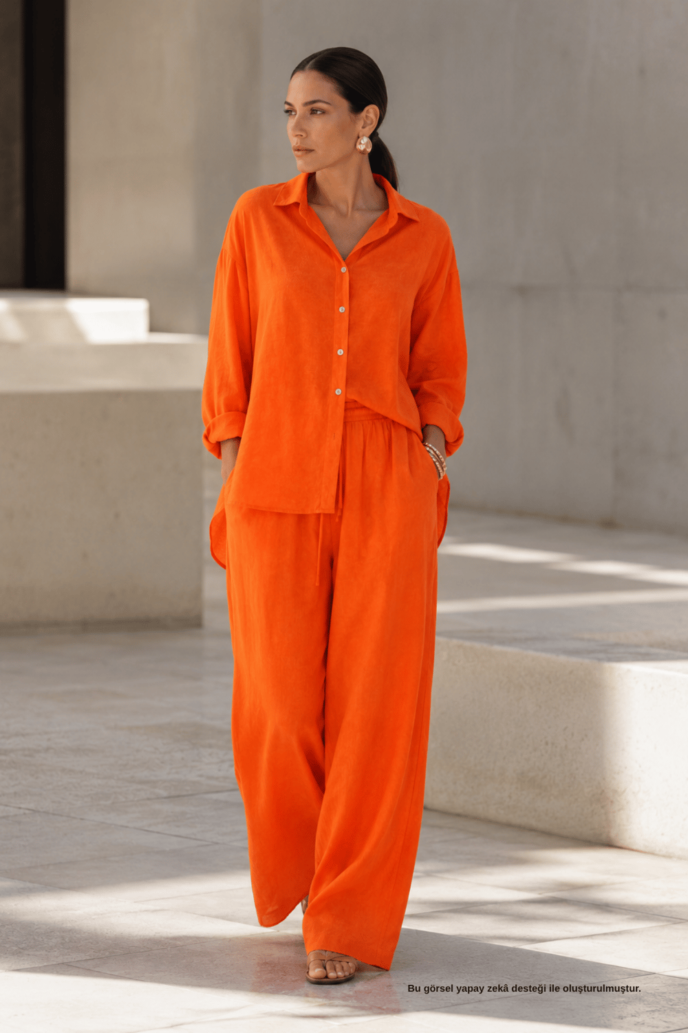 Orange Oversize Gömlek Bol Paça Pantolon Takım - Alt - Üst Takım | Rhen Store