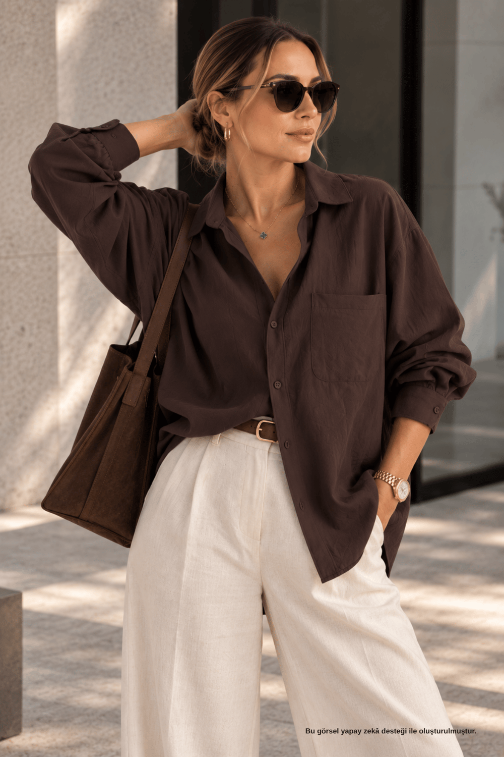 Oversize Cep Detay Kahve Gömlek - Gömlek | Rhen Store