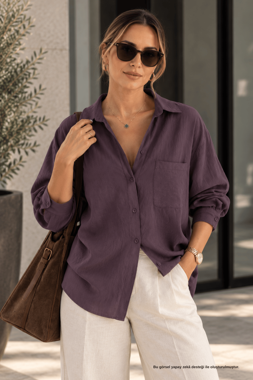 Oversize Cep Detay Mürdüm Gömlek - Gömlek | Rhen Store