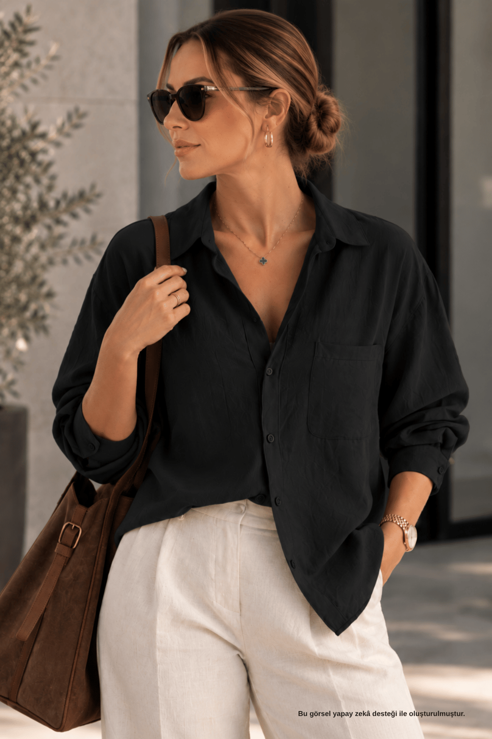 Oversize Cep Detay Siyah Gömlek - Gömlek | Rhen Store