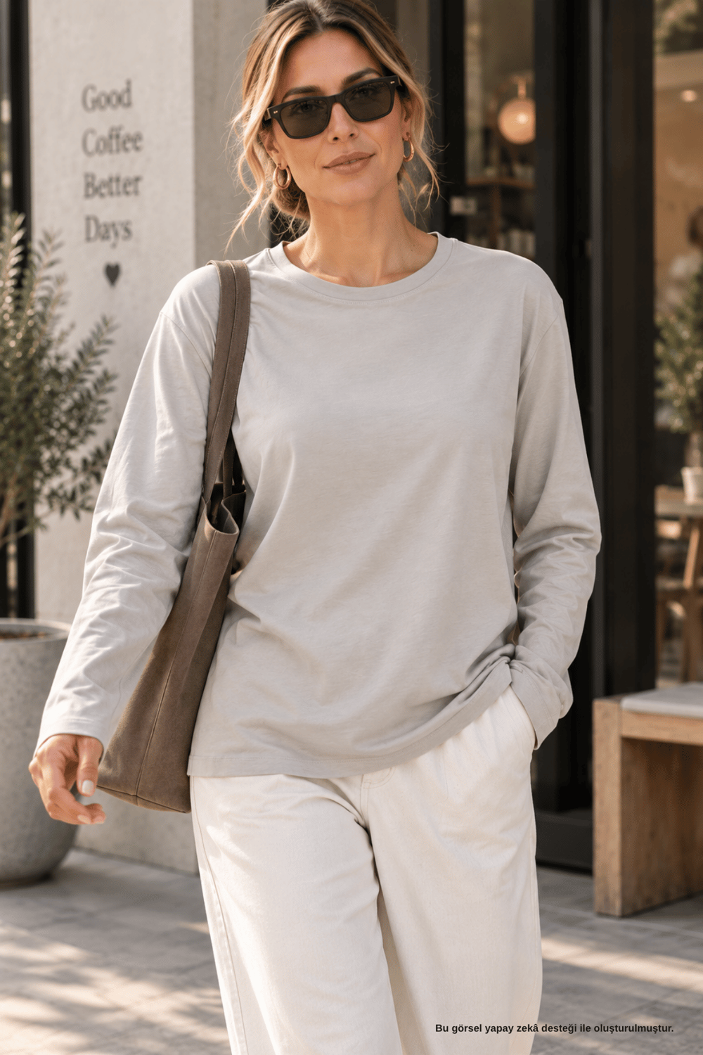 Oversize Uzun Kollu Basic Gri Tişört - T-Shirt | Rhen Store