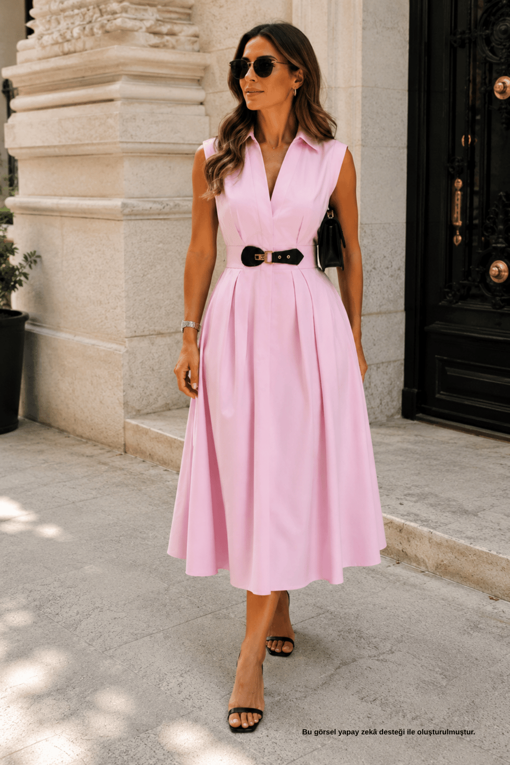 Pembe Kemer Detaylı Gömlek Yaka Midi Elbise - Elbise | Rhen Store