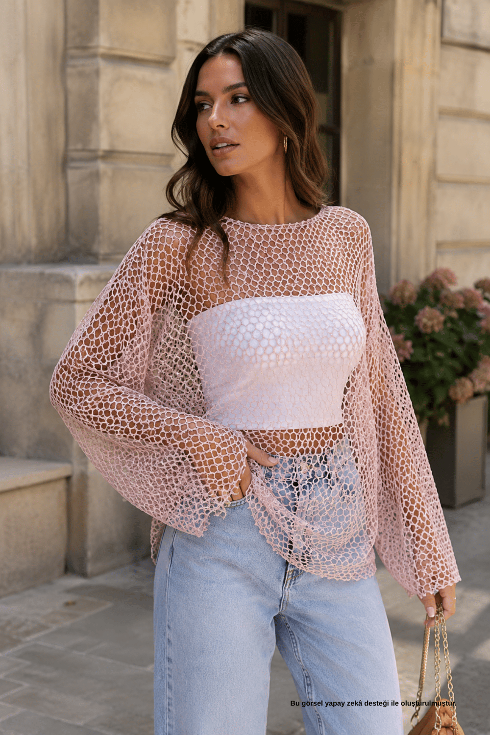 Pudra Ajurlu File Örgü Oversize Bluz - Bluz | Rhen Store