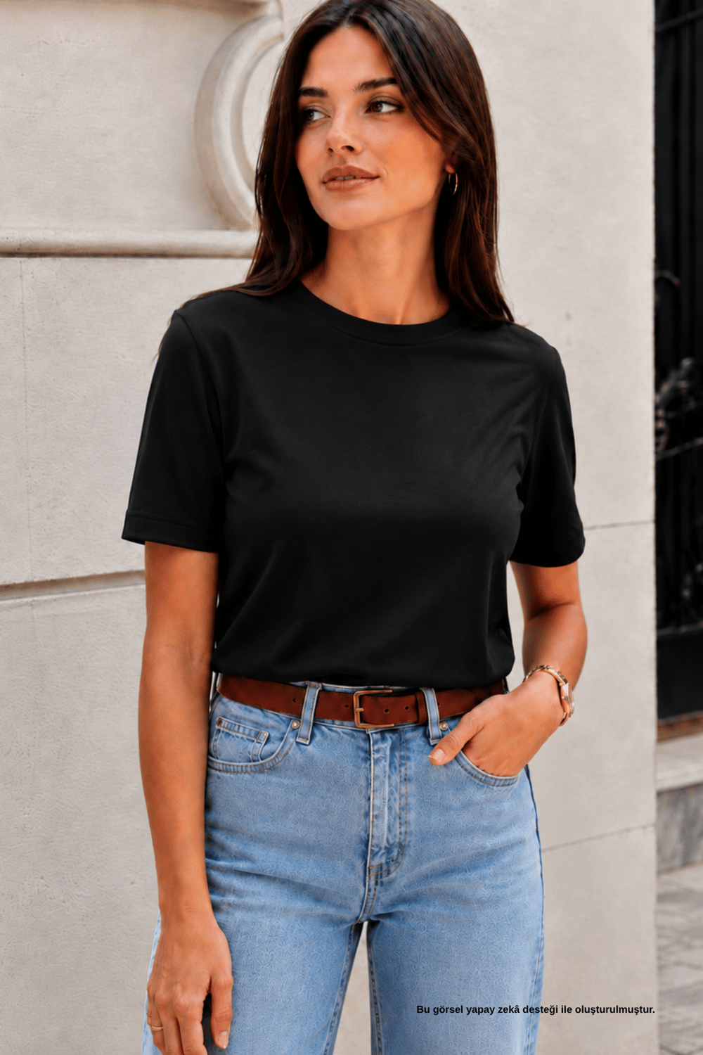 Siyah Modern Kesim Pamuklu Bisiklet Yaka Basic Tişört - T-Shirt | Rhen Store