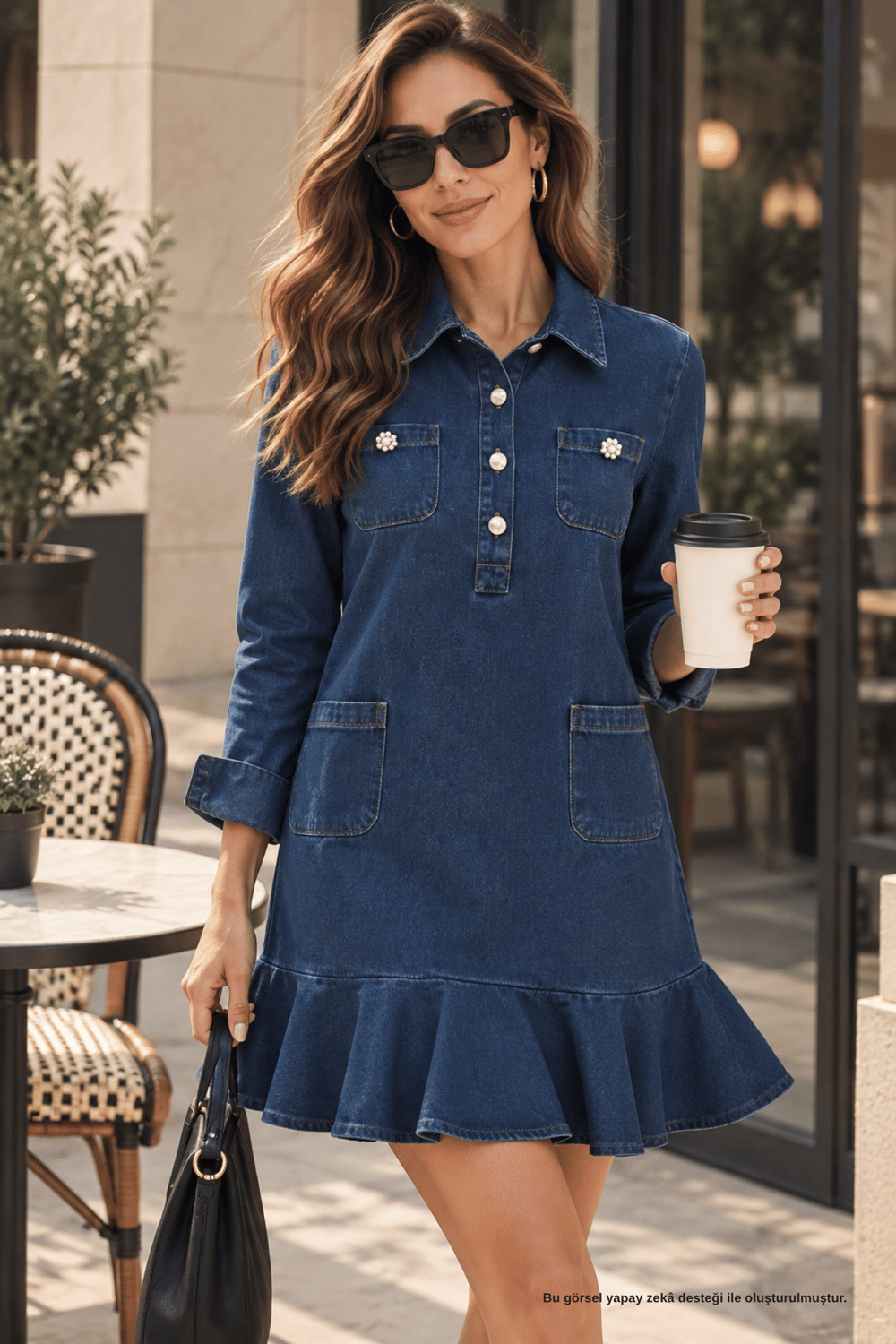 Taş Düğme Detaylı Volanlı Lacivert Denim Elbise - Elbise | Rhen Store