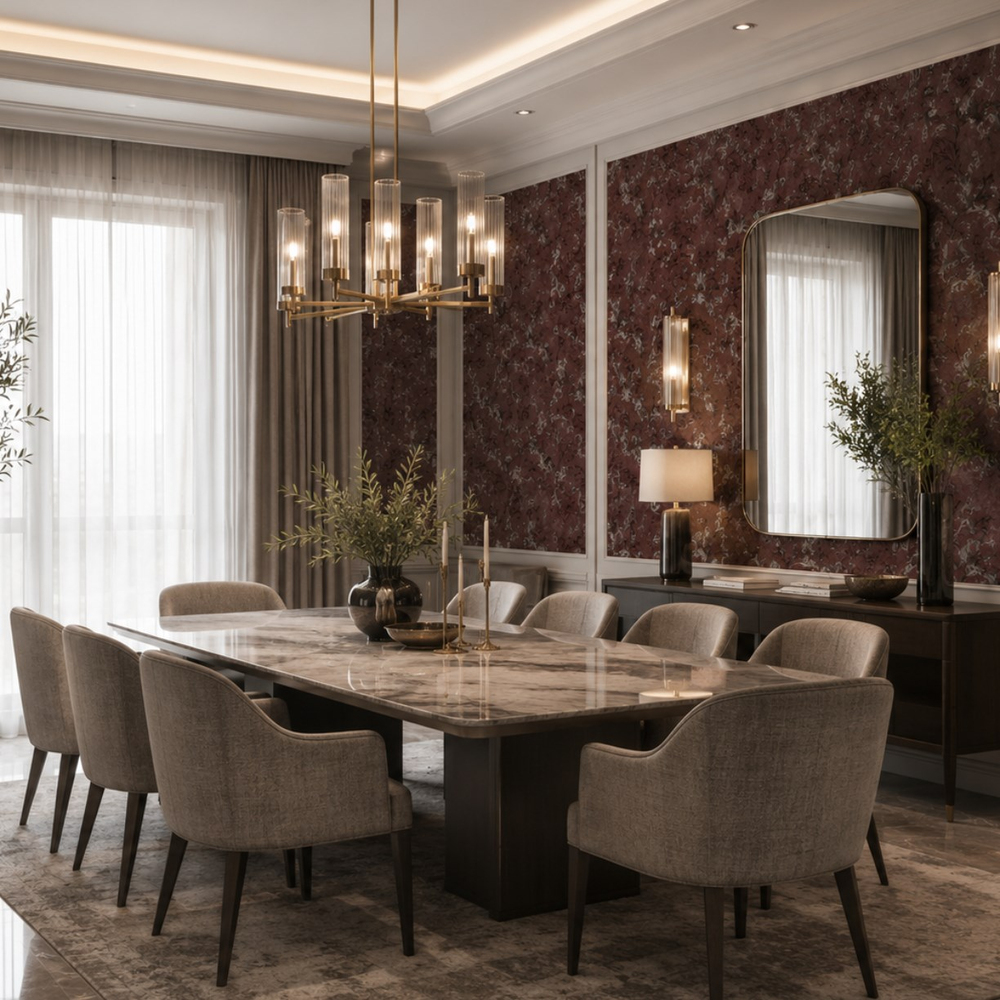 Bordo Vizon Klasik Çiçek Desenli Duvar Kağıdı 8531-8