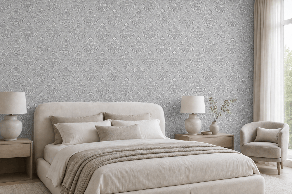 Gümüş Gri Klasik Damask Desenli Lüks Duvar Kağıdı 22010-3