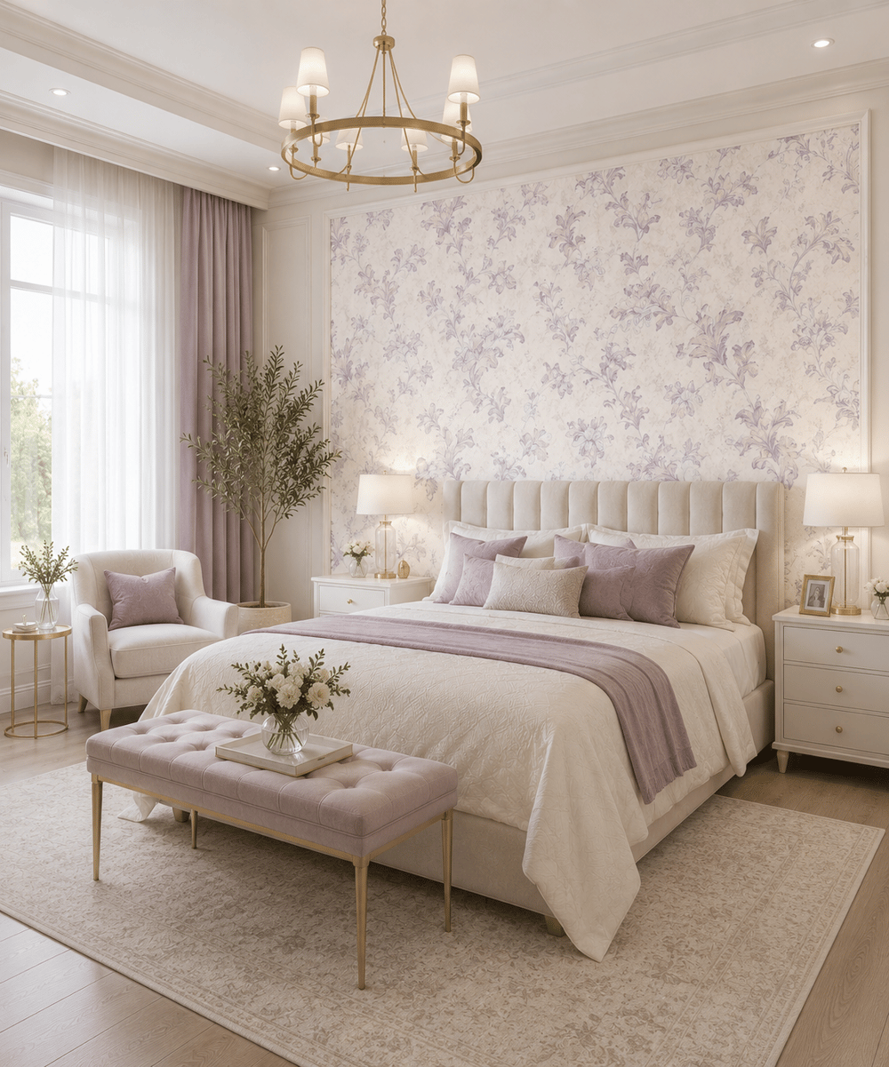 Lila Beyaz Klasik Çiçek Desenli Duvar Kağıdı 8531-2