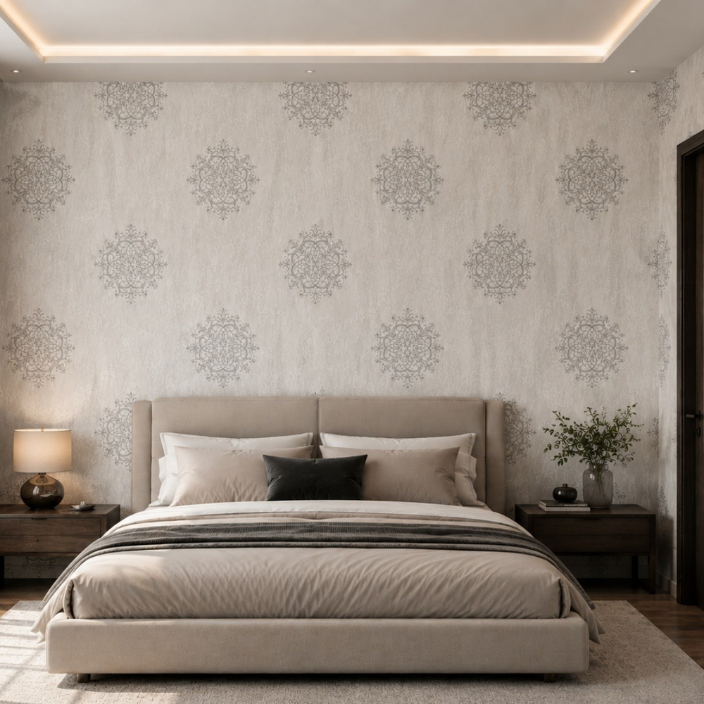 Vizon Gri Motifli Dokulu Salon Duvar Kağıdı