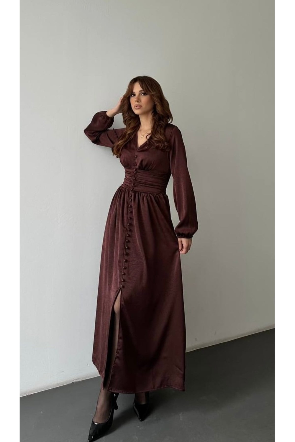 Büzgülü Floş Saten Elbise