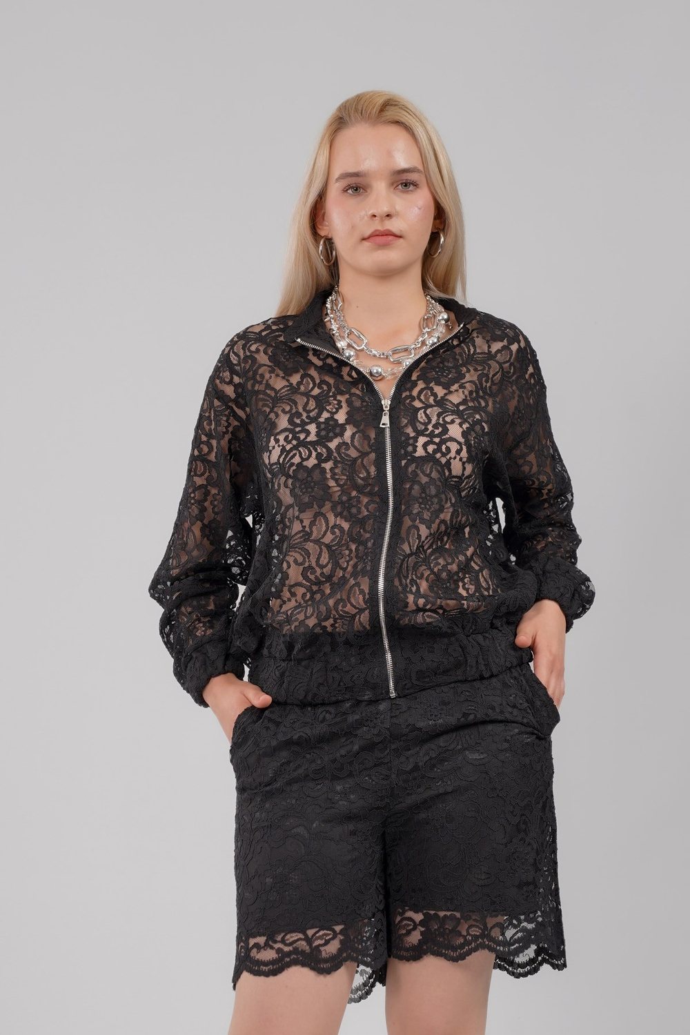 Kadın Fermuarlı Siyah Çiçekli Dantel Bomber Ceket