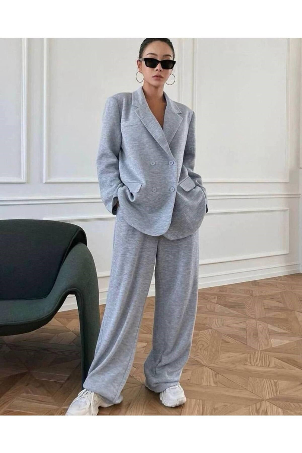 Kadın Oversize Blazer Ceketli Rahat Gri Eşofman Takım