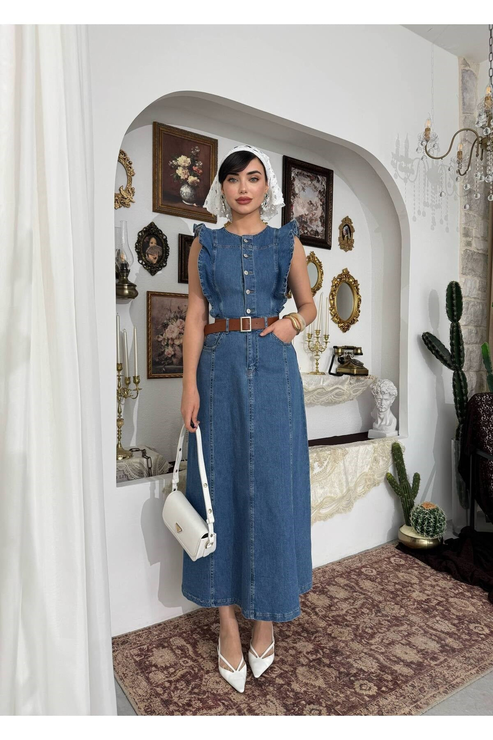 Kadın Vintage Stil Kuşaklı Kot Elbise