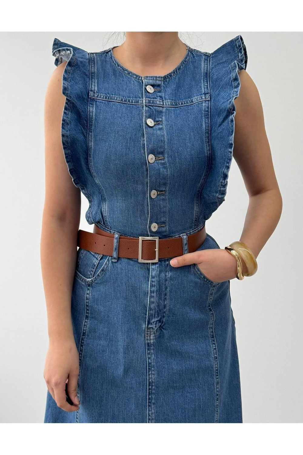 Kadın Vintage Stil Kuşaklı Kot Elbise