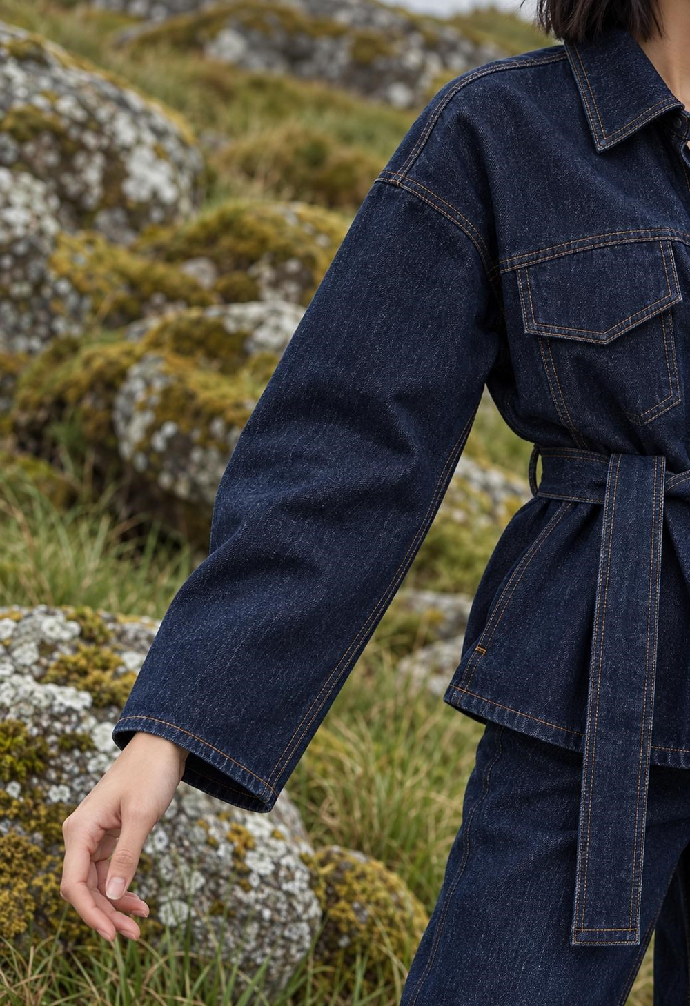 Oversize Kalıp Kuşaklı Kot Ceket Pantolon Alt Üst Takım