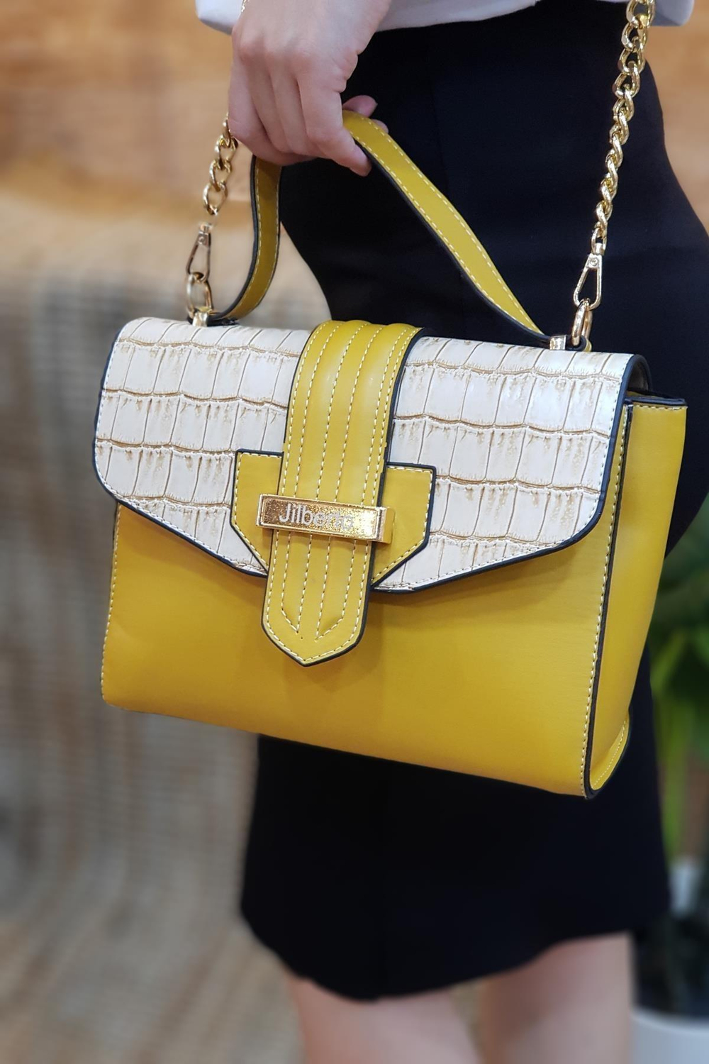 Alisa Kroko Desenli Hardal El ve Omuz Çantası