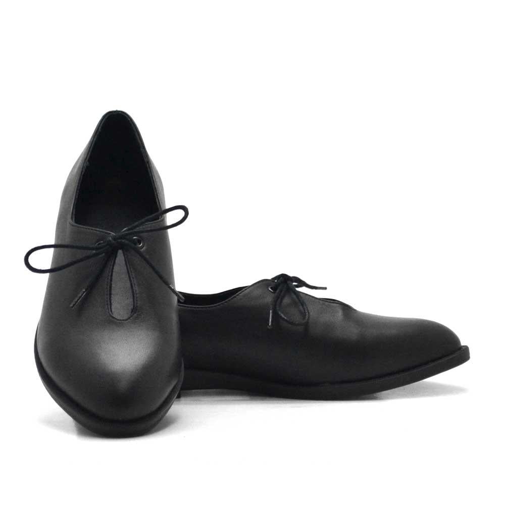 Hakiki Deri Siyah Cilt Bağcıklı Kadın Babet Ayakkabı