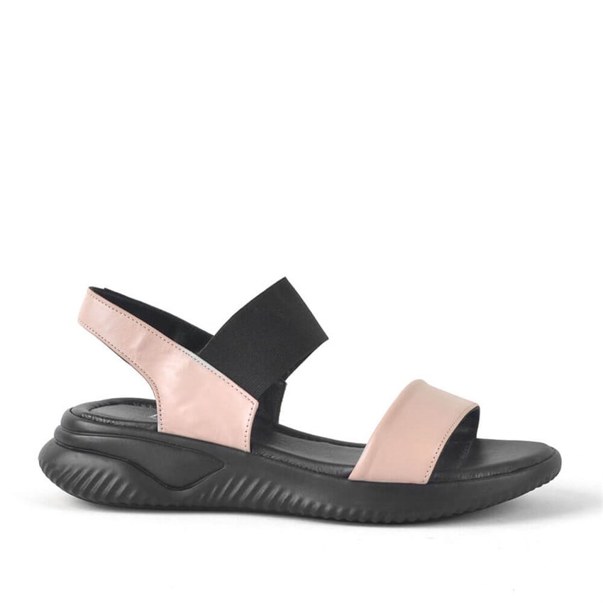 Kadın Terlik & Sandalet Hakiki Deri Siyah Pembe Lastikli Kalın Taban Kadın Sandalet KSA130-SP