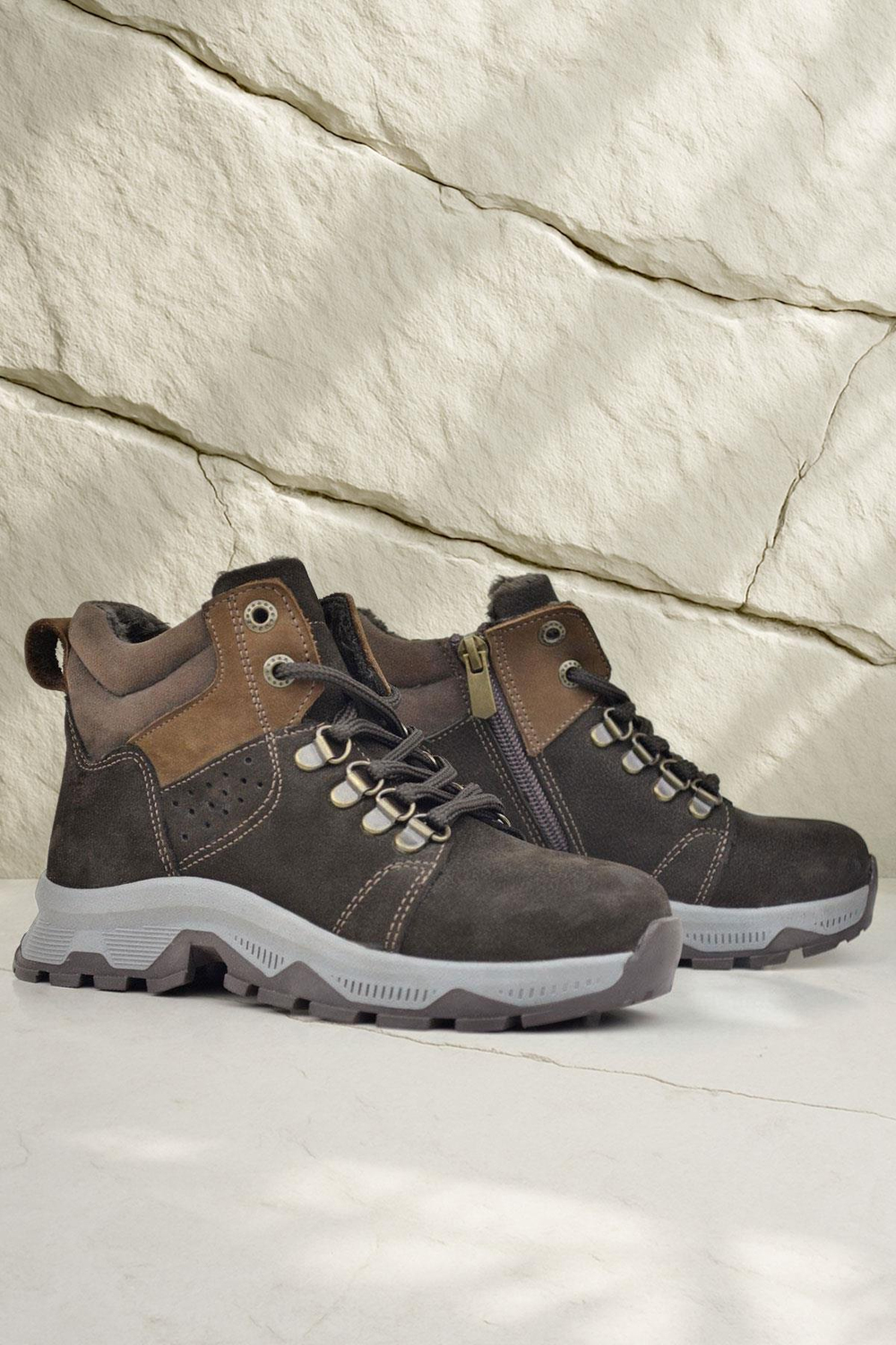 Rakerplus Hakiki Deri Kahverengi Fermuarlı Trekking Çocuk Bot