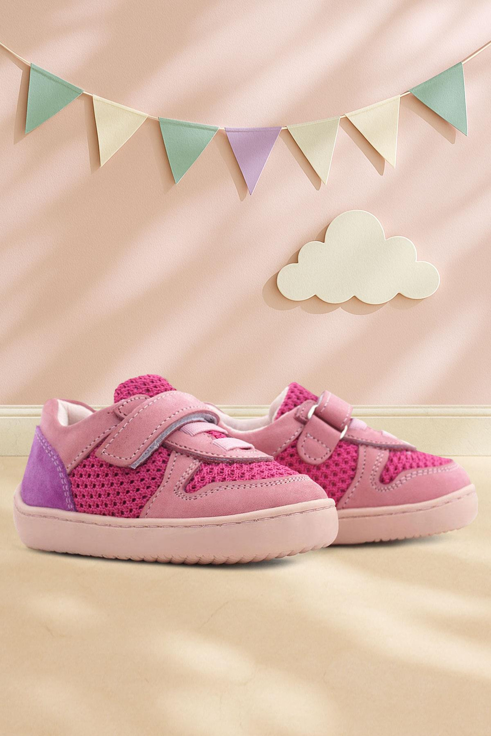 Rakerplus Bob Hakiki Deri Pembe Mor Barefoot Cırtlı Lastikli Bebek Sneaker Ayakkabı