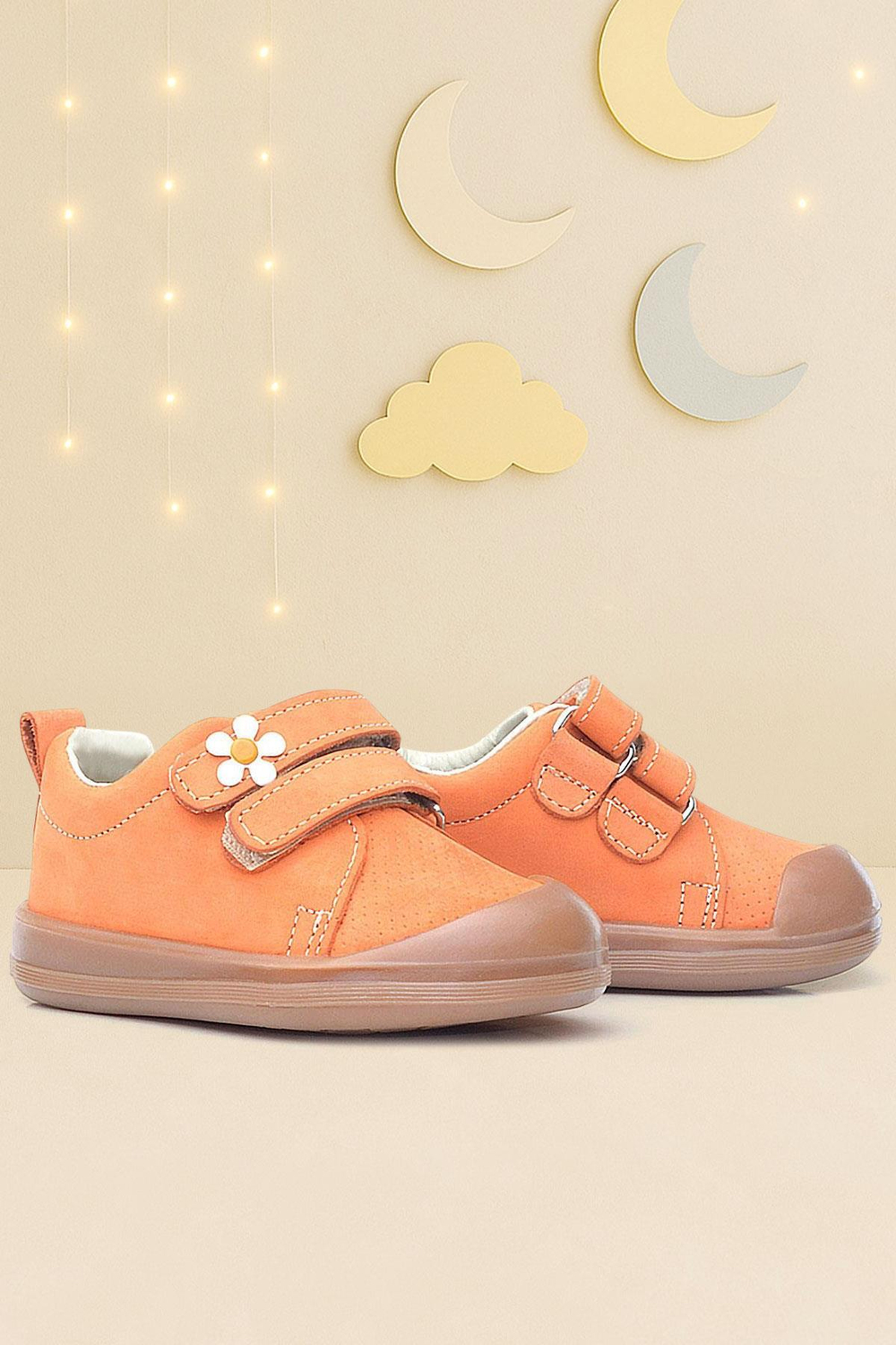 Rakerplus Sonic Hakiki Deri Turuncu Cırtlı Çiçekli Kız Bebek Sneaker Ayakkabı