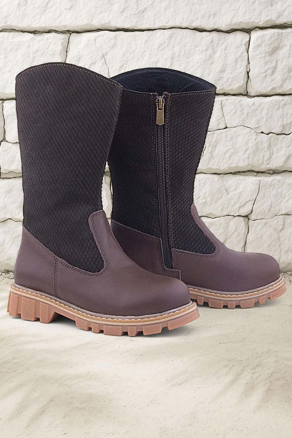 Rakerplus Hakiki Deri Kahverengi Fermuarlı Uzun Kız Çocuk Çizme