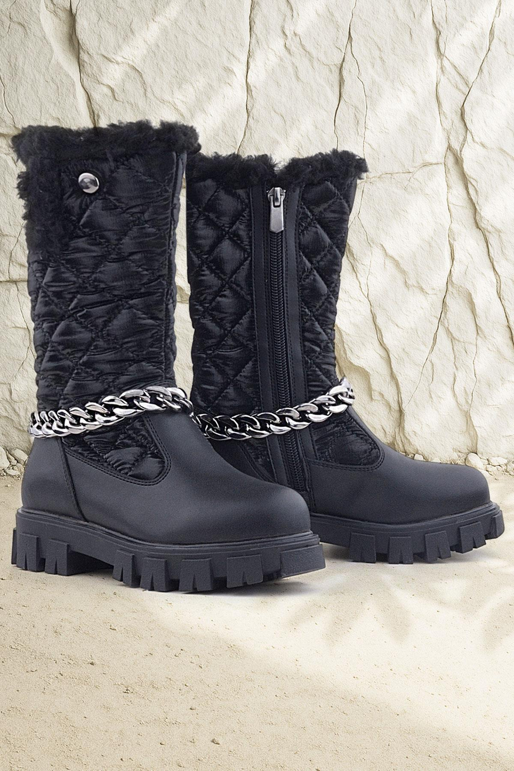 Rakerplus Siyah Uzun Fermuarlı Zincir Detaylı Kız Çocuk Yağmur Çizmesi