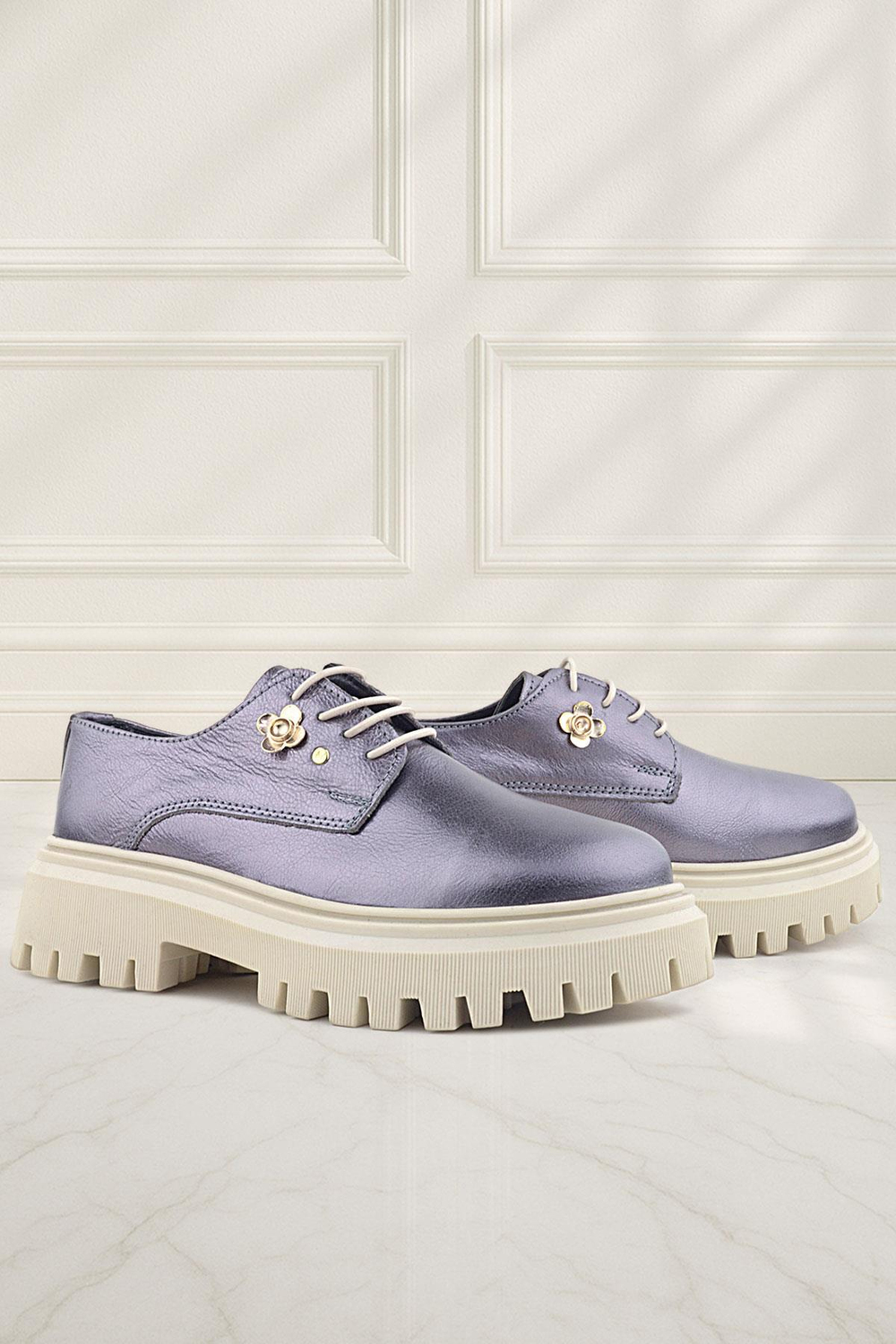 Rakerplus Platin Hakiki Deri Çiçek Detaylı Bağcıklı Oxford Günlük Ayakkabı