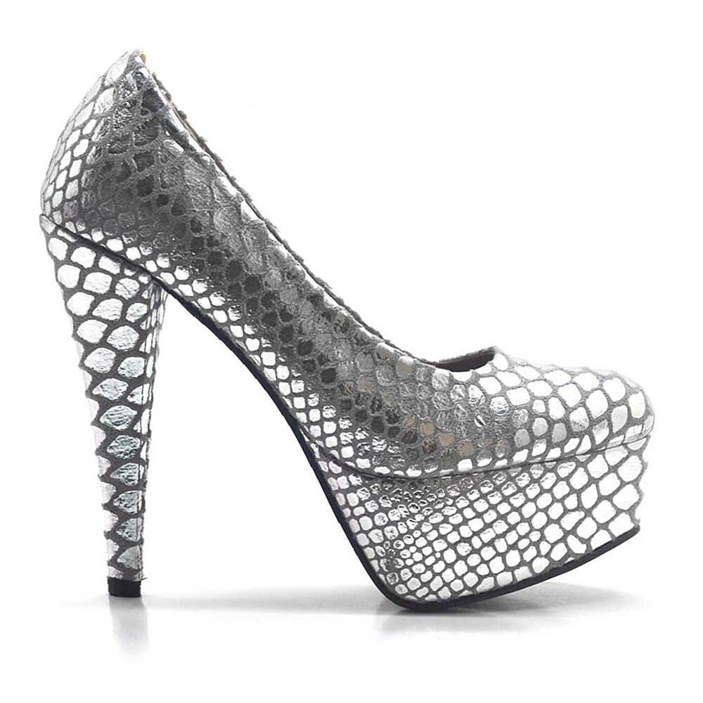 Gümüş Yılan Derisi Desenli Platform Topuk Kadın Ayakkabı