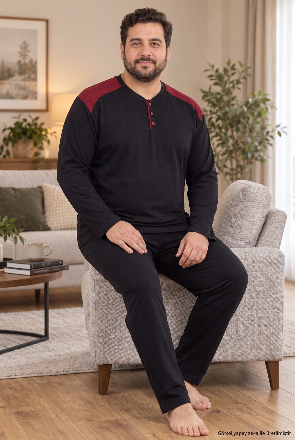İnterlok Kumaş Yakası Düğmeli Uzun Kollu Büyük Beden Erkek Pijama Takımı 8585