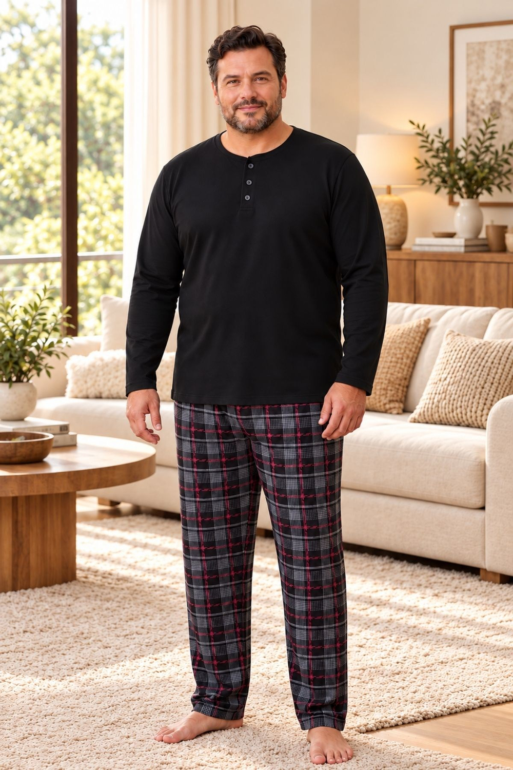 İnterlok Kumaş Yakası Düğmeli Uzun Kollu Büyük Beden Erkek Pijama Takımı 8589