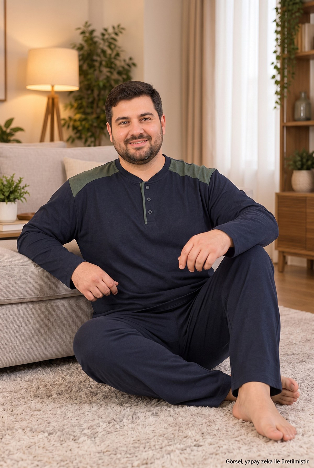 İnterlok Kumaş Yakası Düğmeli Uzun Kollu Büyük Beden Erkek Pijama Takımı 8585