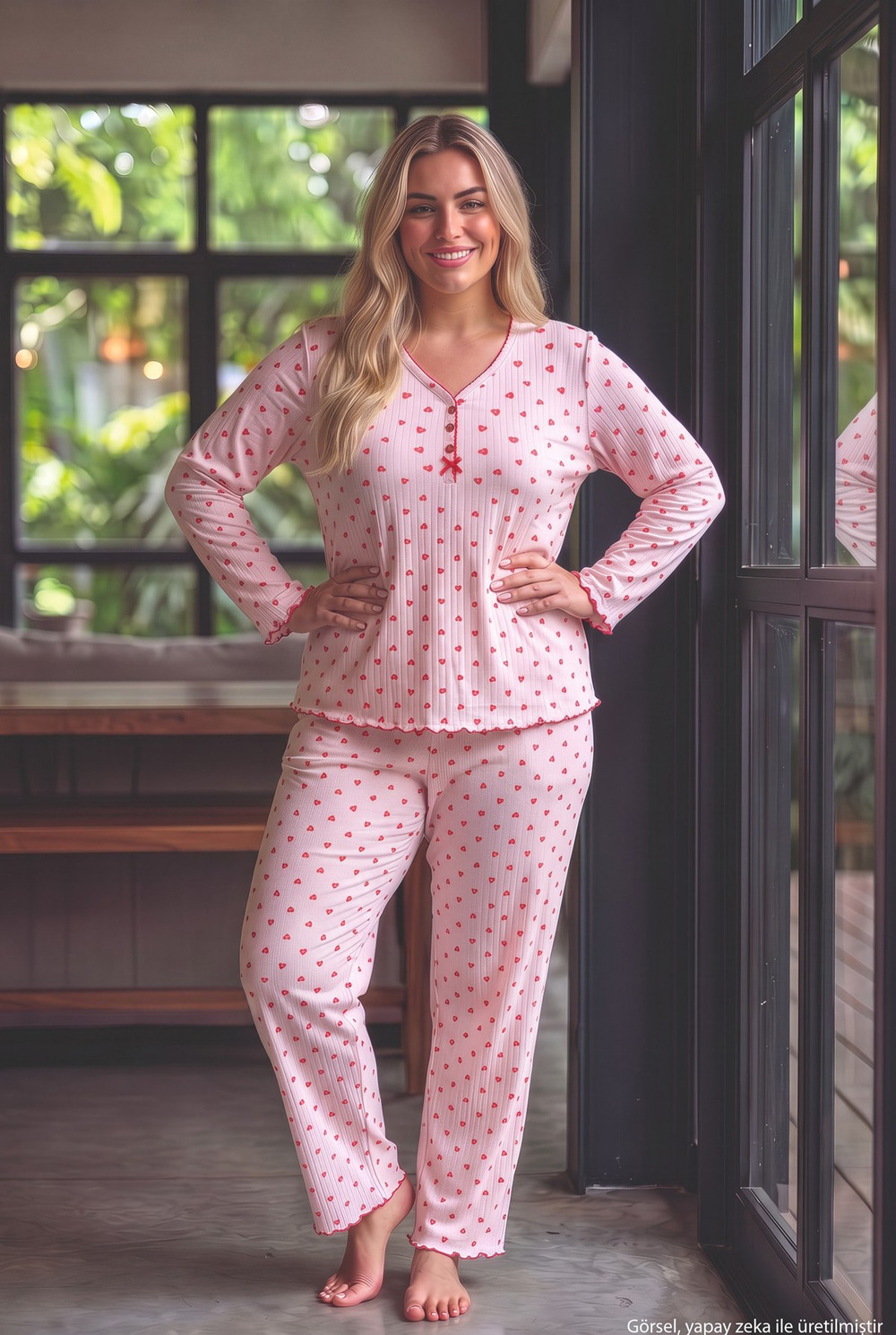 Raporlu İnterlok Kumaş Yakası Düğmeli Kışlık Büyük Beden Kadın Pijama Takımı 2950