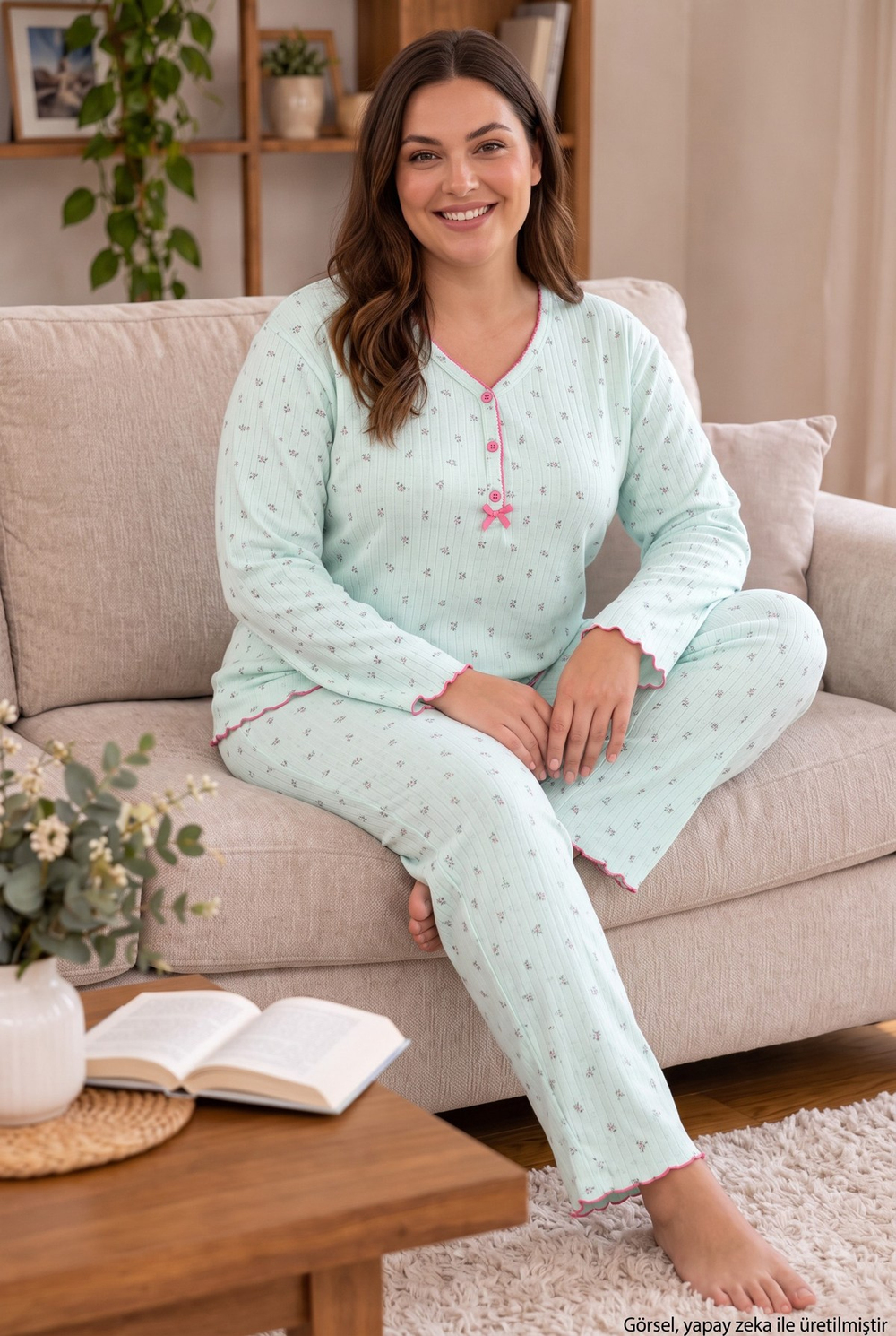 Raporlu İnterlok Kumaş Yakası Düğmeli Kışlık Büyük Beden Kadın Pijama Takımı 2950