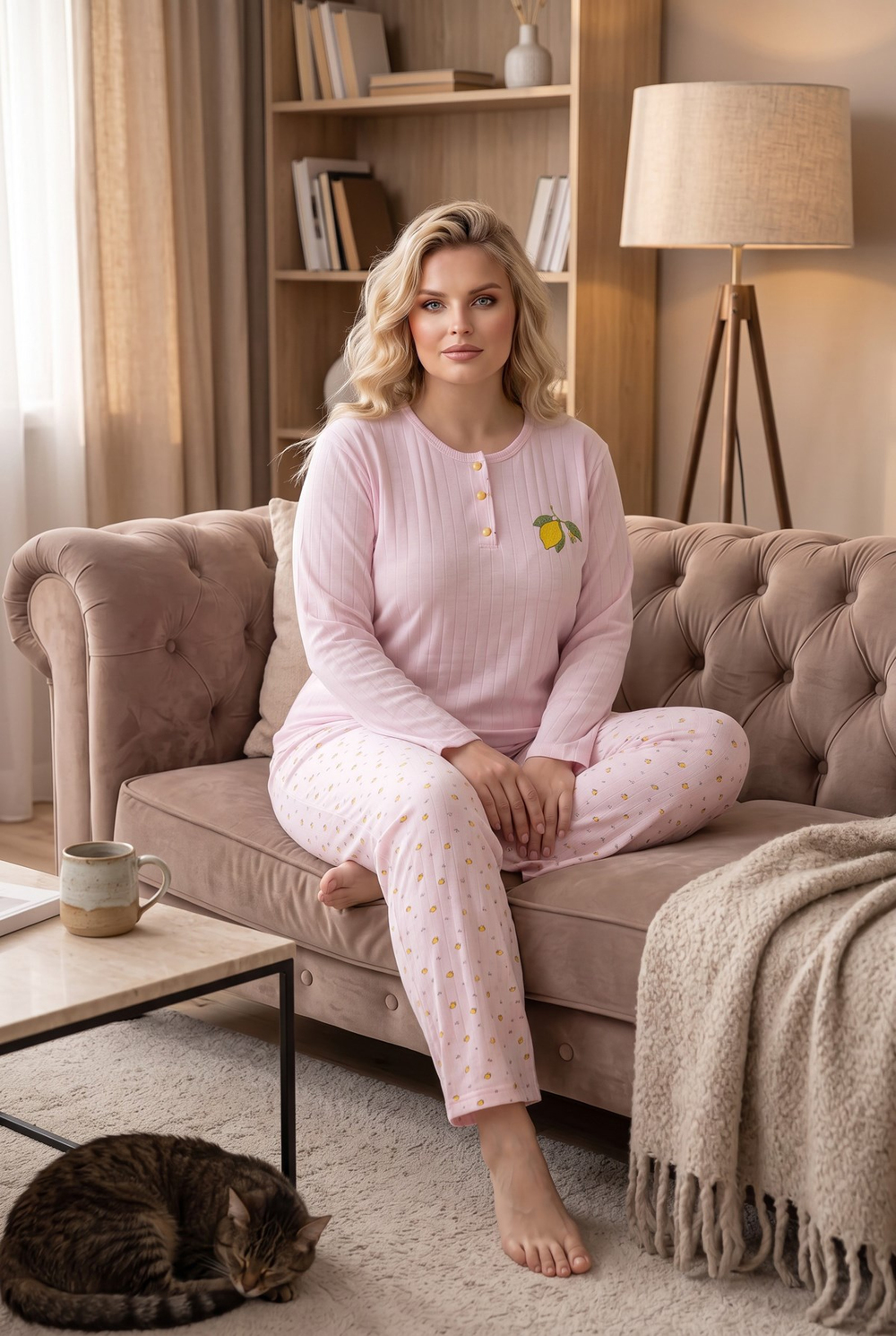 Şardonlu İnterlok Kumaş Yakası Düğmeli Kışlık Büyük Beden Kadın Pijama Takımı 2700