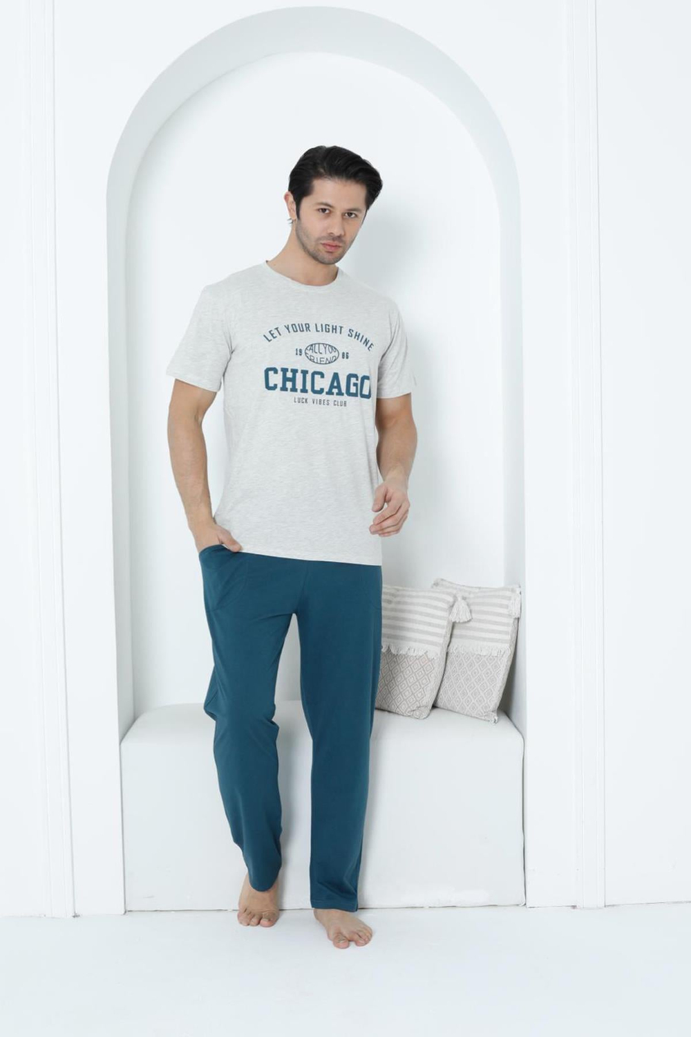 %100 Pamuklu Kısa Kol Cepli Erkek Pijama Takımı 30760
