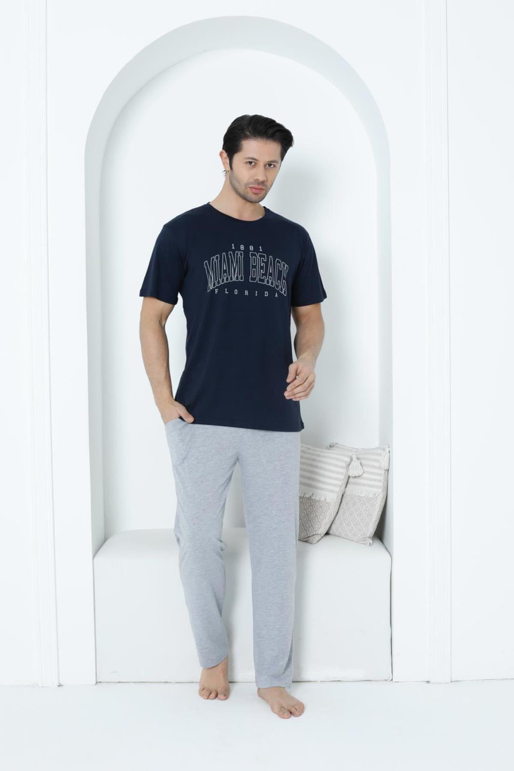 %100 Pamuklu Kısa Kol Cepli Erkek Pijama Takımı 30760