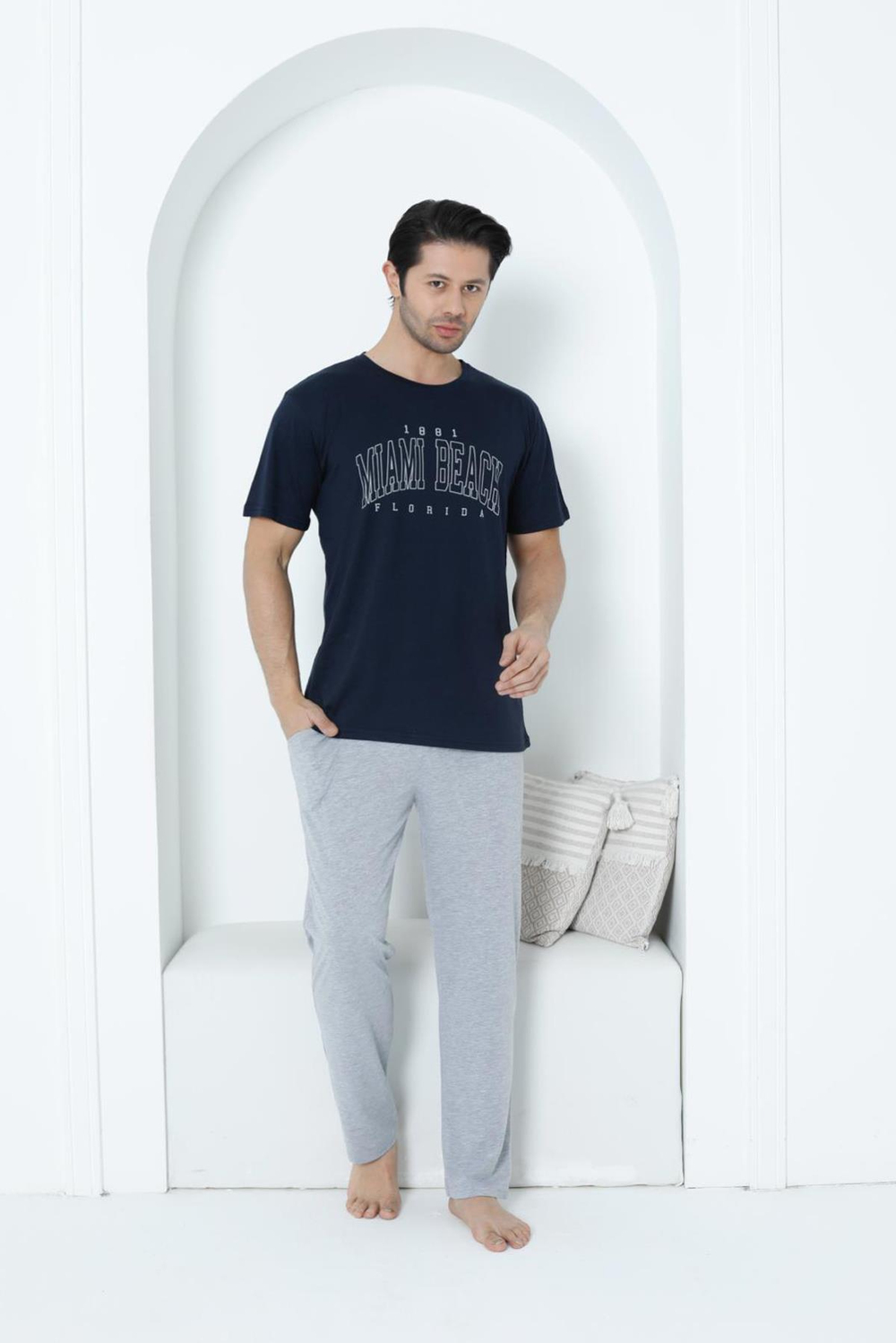 %100 Pamuklu Kısa Kol Cepli Erkek Pijama Takımı 30760