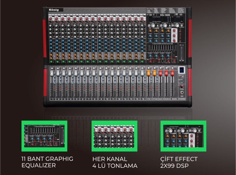 König KS-1600 16 Mono Kanal , Bluetooth USB/SD/DISK , 6 Aux ,Mp3 Recording Deck Mikser