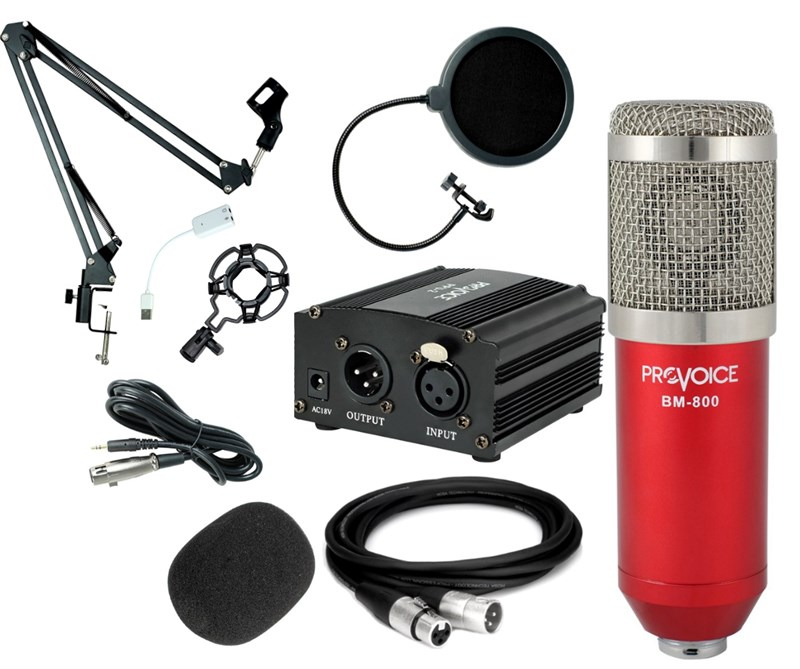 Provoice BM800 Mikrofon+ Phantom+ Stand+ Filtre+ 7.1 Ses Kartı Youtuber Kayıt Seti Kırmızı