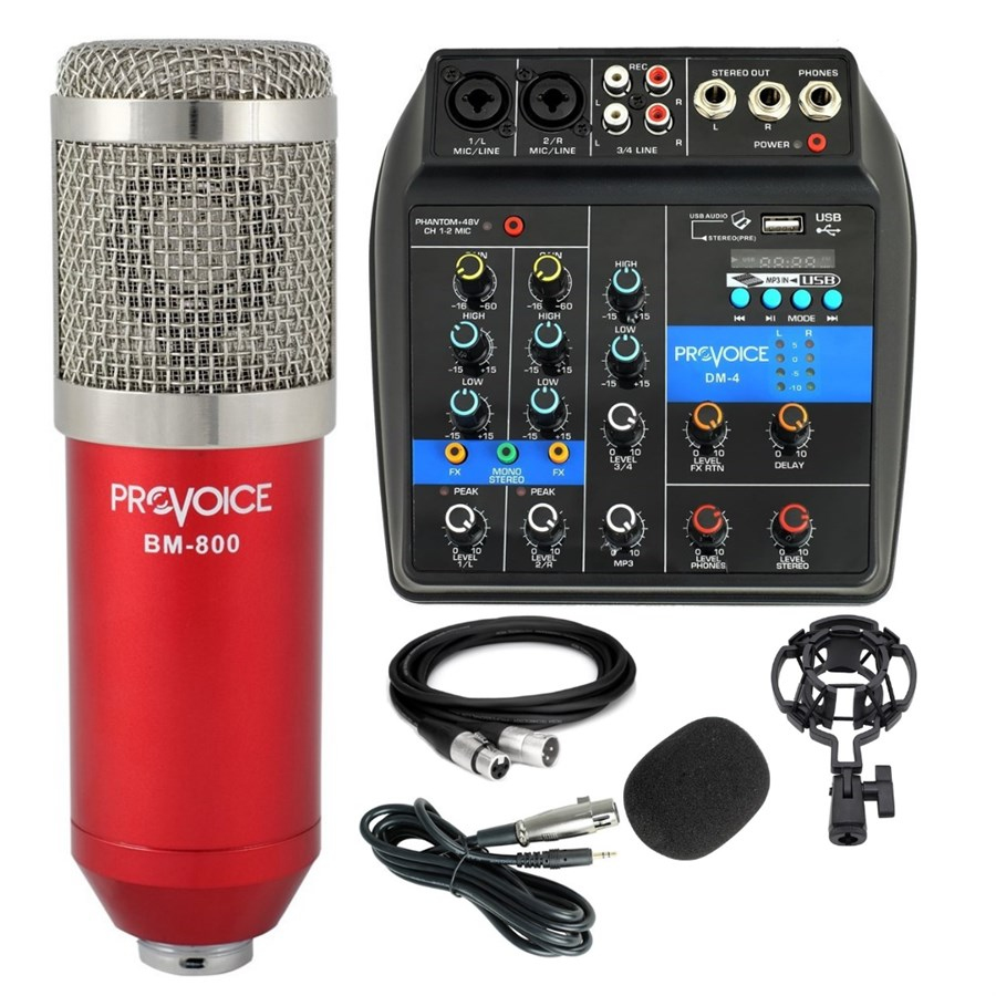 Provoice BM800 Stüdyo Mikrofon Phantomlu Kayıt Mikseri Set Kırmızı