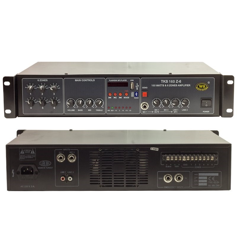 West Sound TKS 160 Z-6 - 160 Watt 4 ohm 100V 4 Kanal 6 Bölgeli Mikser Anfi