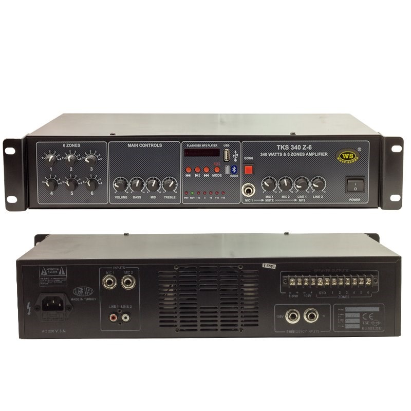 West Sound TKS 340 Z-6 - 340W 4 ohm 100V 4 Kanal 6 Bölgeli Mikser Amfi