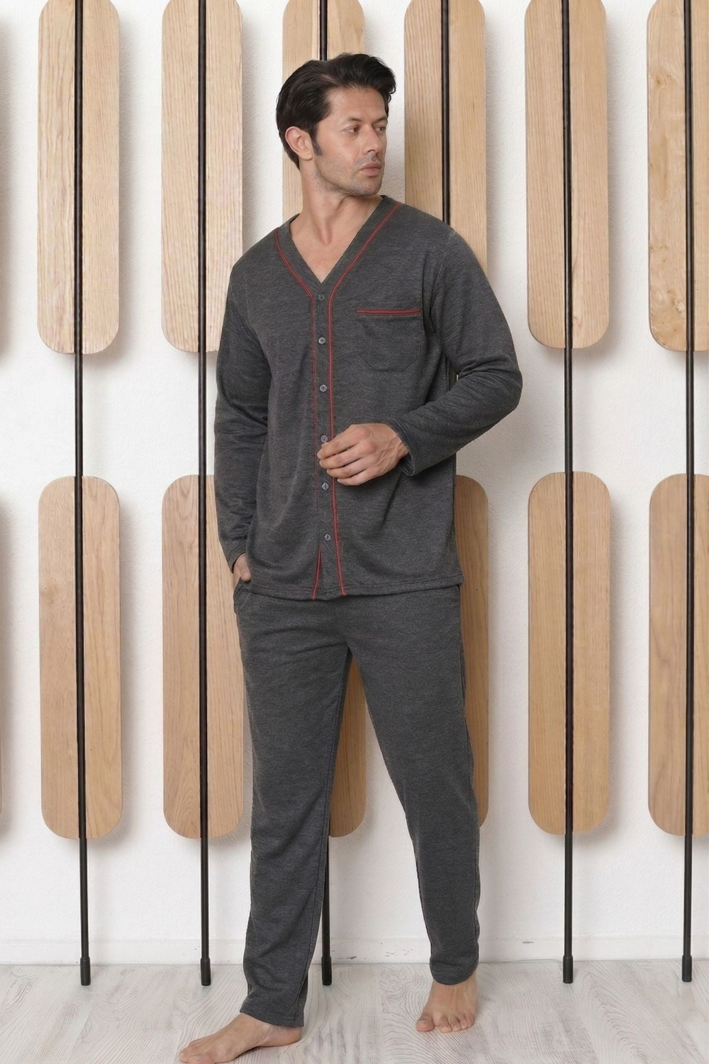 Erkek Antrasit Önden Açık Pijama Üstü