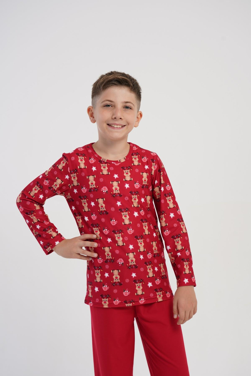 Erkek Çocuk Kırmızı Geyik Desen Marla Pijama Üstü