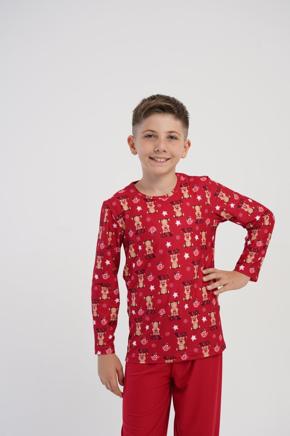 Erkek Çocuk Kırmızı Geyik Desen Marla Pijama Üstü