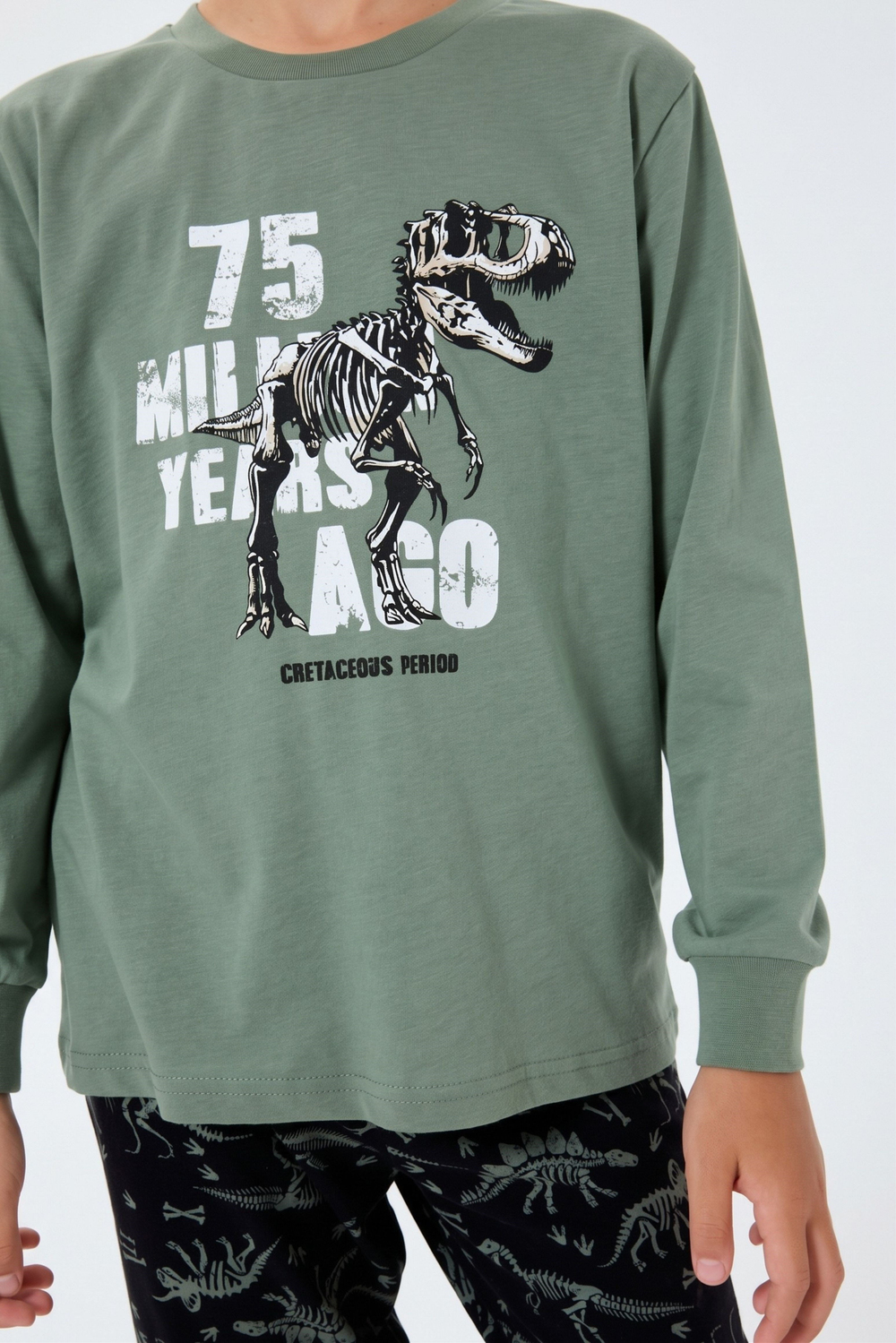 Erkek Çocuk Koyu Yeşil Dinazor Desen Pijama Üstü