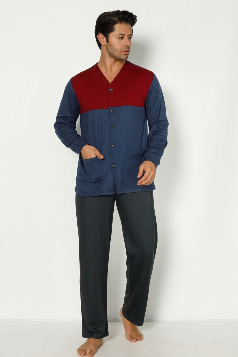 Erkek İndigo Düğmeli Pijama Üstü
