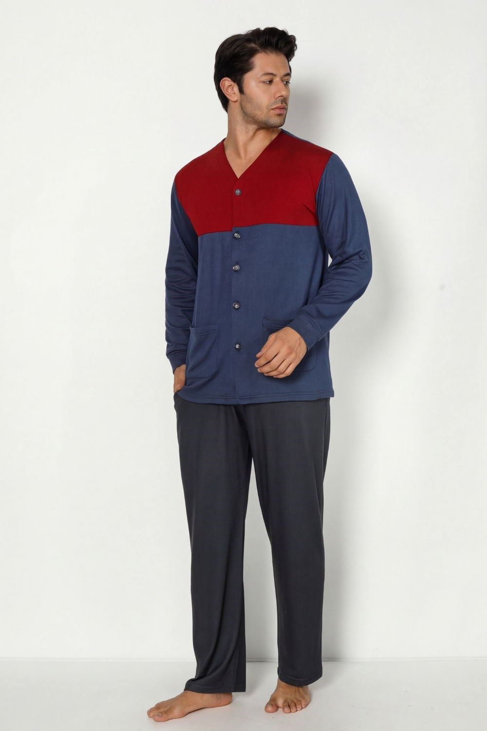 Erkek İndigo Düğmeli Pijama Üstü